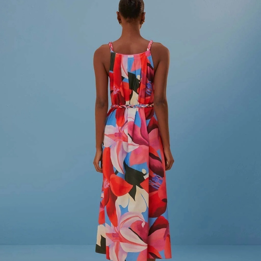 Farm Rio Watercolor Floral Cotton Tie-Waist Midi-Dress - Picture 4 of 6